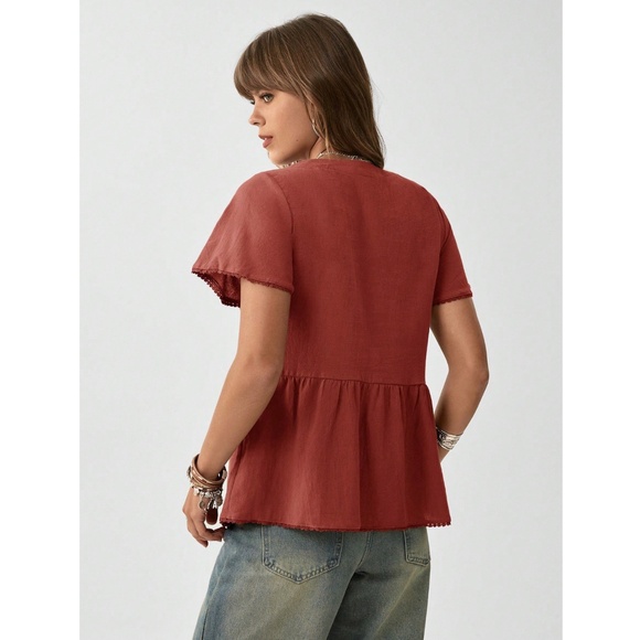 Cotton Burnt Orange Short Sleeve Shirt Button Down V-Neck - Picture 3 of 8